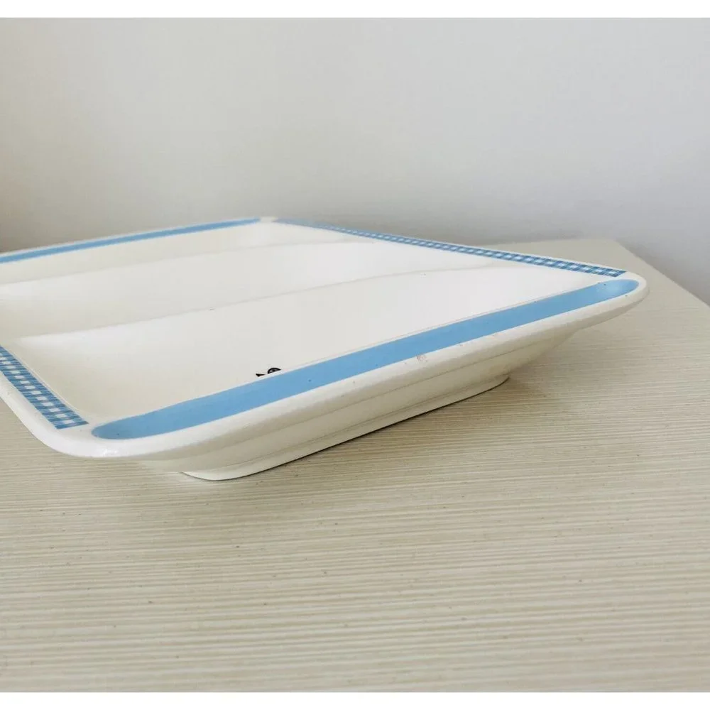 Vintage MCM Divided Tray Platter Blue Ivory Tree Sun Chicken *see flaws In Photo